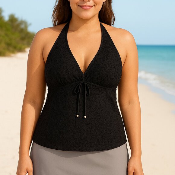 Pour Moi? brand black underwire halter tankini swim top with lace fabric overlay - Picture 1 of 9